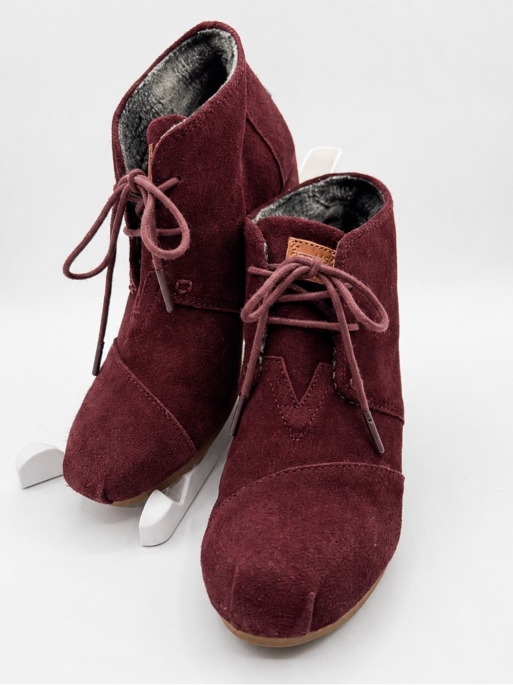 Toms  Desert Wedge Heel Ankle Boots Lace-Up Burgundy Suede Bootie Size 7 Women's
